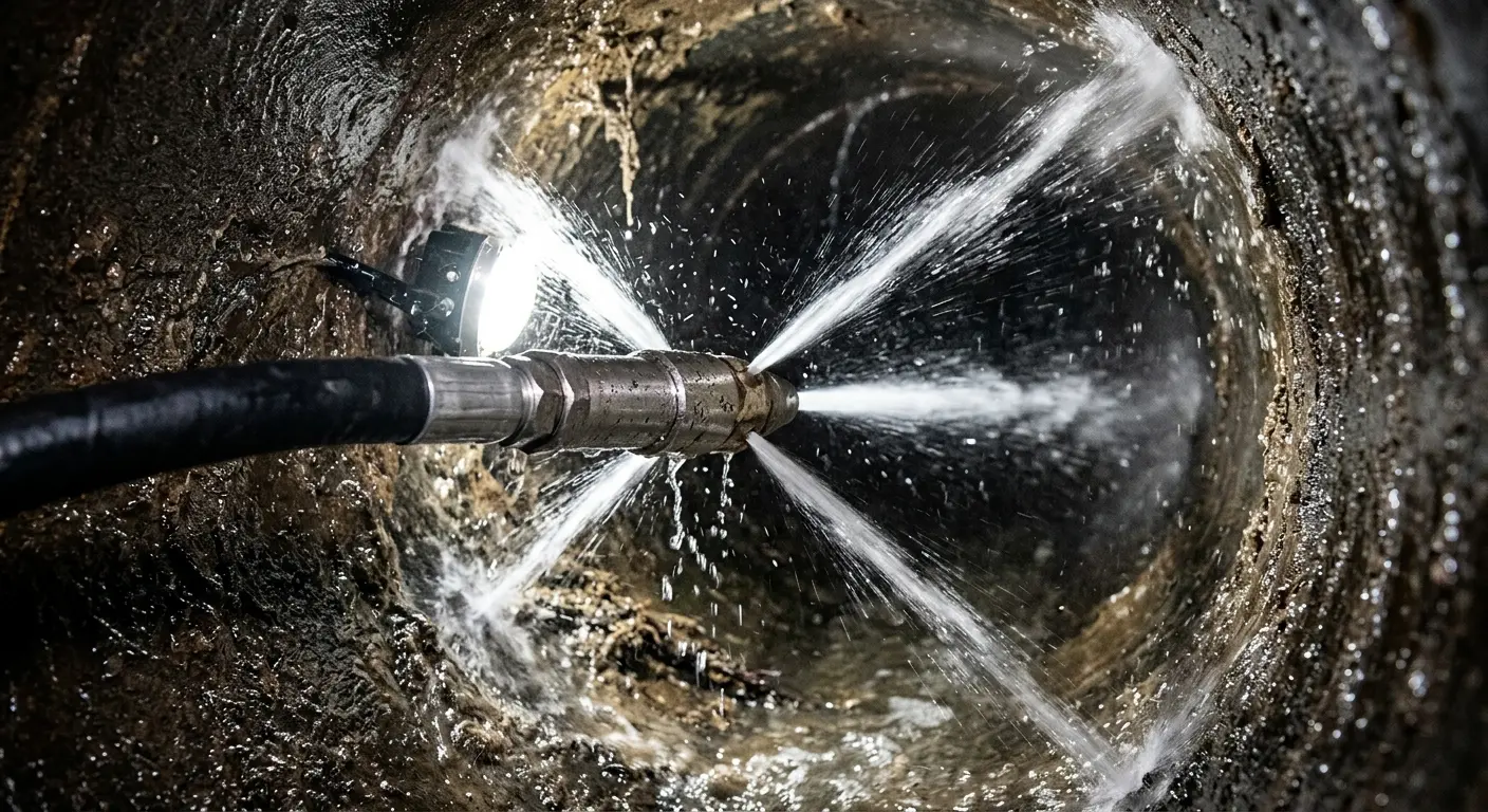 High-pressure hydro jetting nozzle cleaning sewer pipe for Trenchless Sewer Repair in Portsmouth