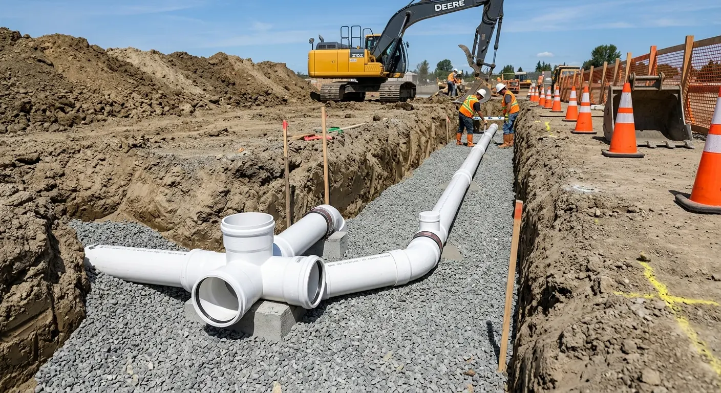 New PVC sewer pipe installation in open trench for Sewer Backup in Portsmouth